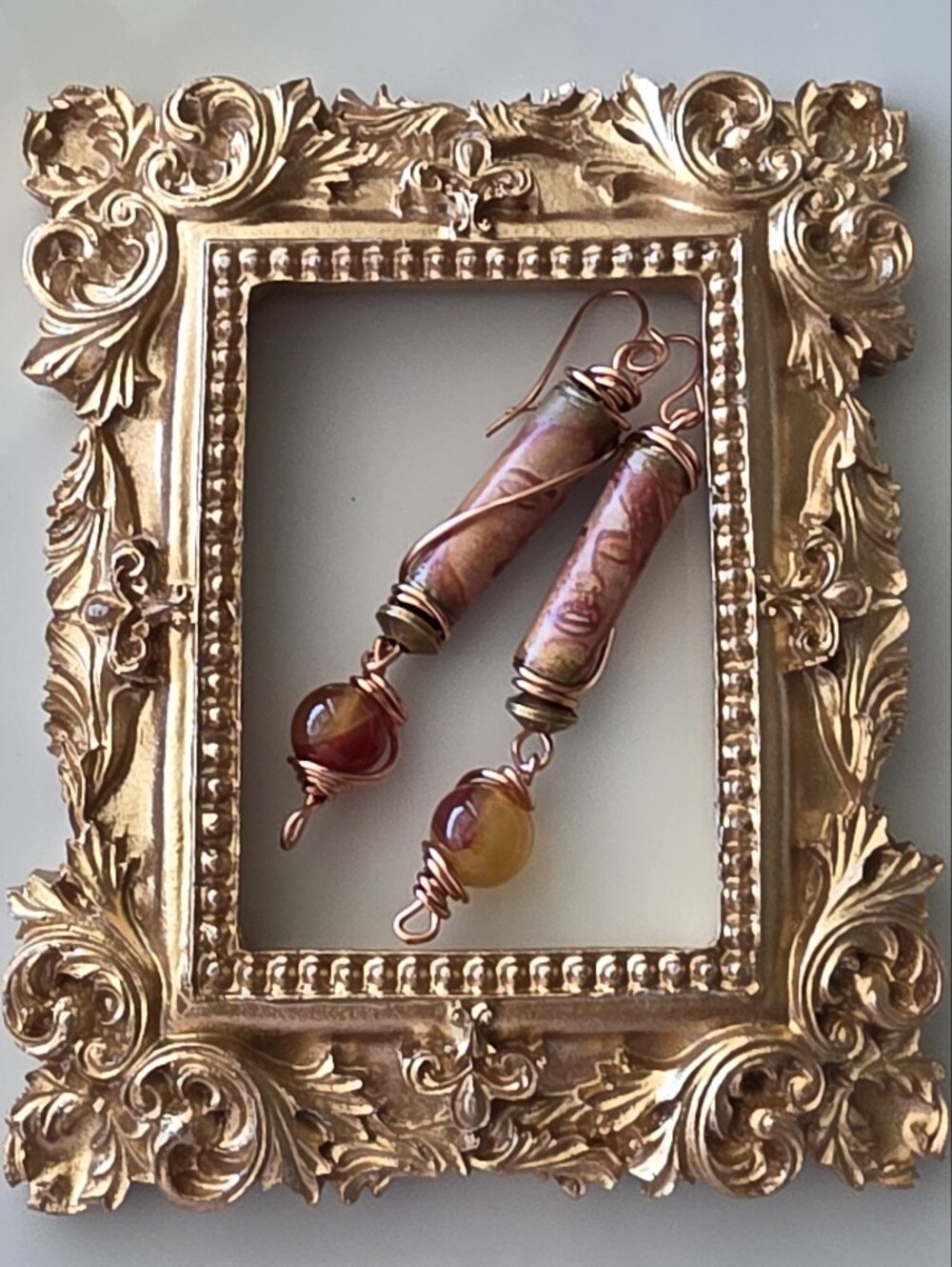 Handcrafted Paper Bead Earings with Miniature Origonal Art Piece Wired Wrapped
